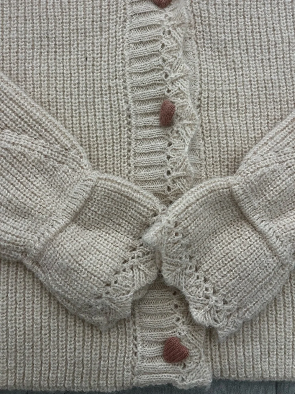 Vintage-Inspired Cream Knit Cardigan with Decorative Collar and heart buttons